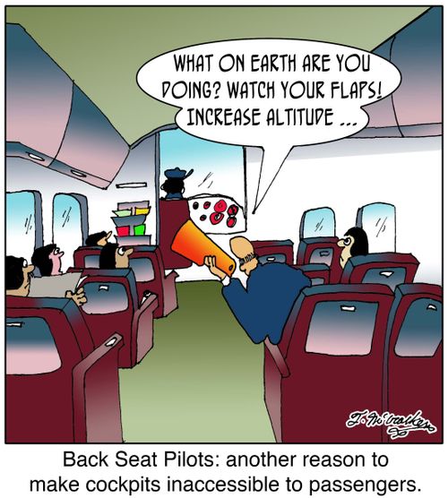  'What on earth are you doing? Watch your flaps! Increase altitude ... ' Back Seat Pilots: another reason to make cockpits inaccessible to passengers.