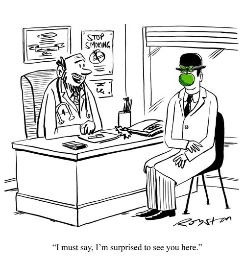 Doctor says: 'I must say, I'm surprised to see you here' to Magritte character with apple in face