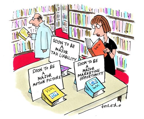 Bookshop with various 'soon to be' ads on books.