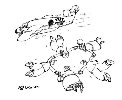 Exit sky-diving team - Senior citizens jumping out of plane with no parachutes.