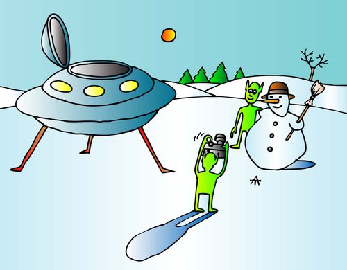 Alien poses with a snowman