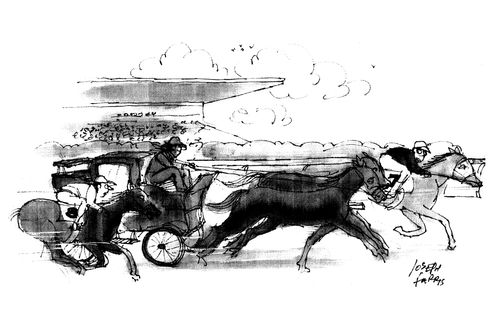 Horse and cart racing alongside horse and riders.