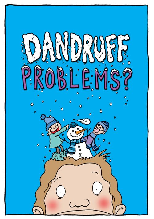 Dandruff problems? - Two children playing in the 'snow' on a mans head.