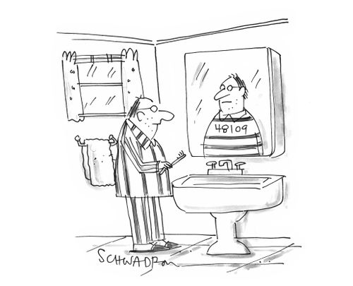 Guys looks in the mirror and sees himself as a prisoner.