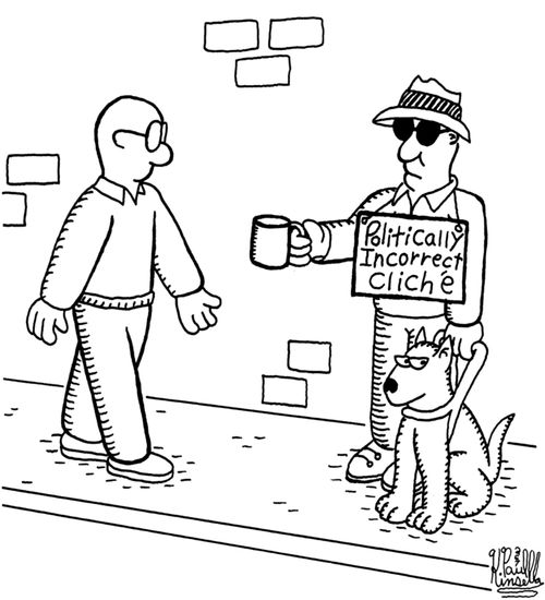 Politically incorrect cliche (blind man with seeing eye dog begging)