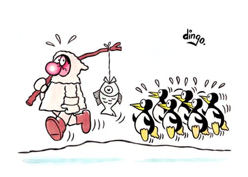 Ice Fisherman followed by a colony of penguins.