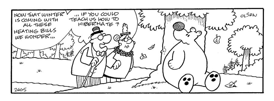 Old people asking a bear how to hibernate to try and avoid the winter heating bills.
