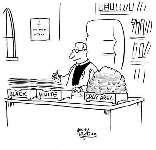 Church leader at desk has 3 boxes marked 'Black', 'White' and 'Gray Area'.