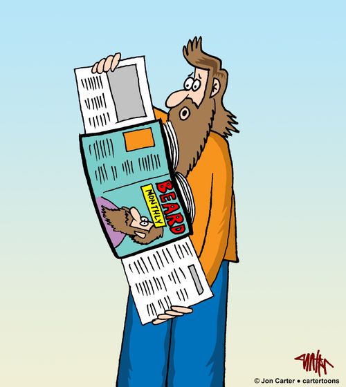 A man with long beard is looking at Beard Monthly magazine which has a long centerfold featuring a long beard.