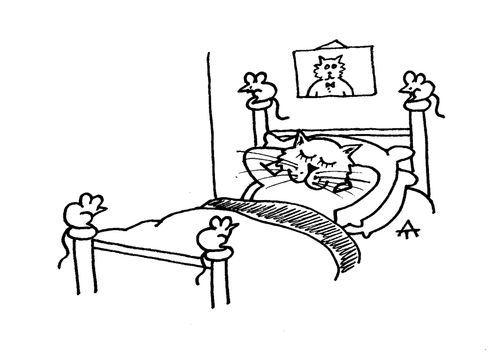 Cat with mice on his bedpost.