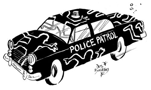 Police patrol car with chalk body outlines on it.