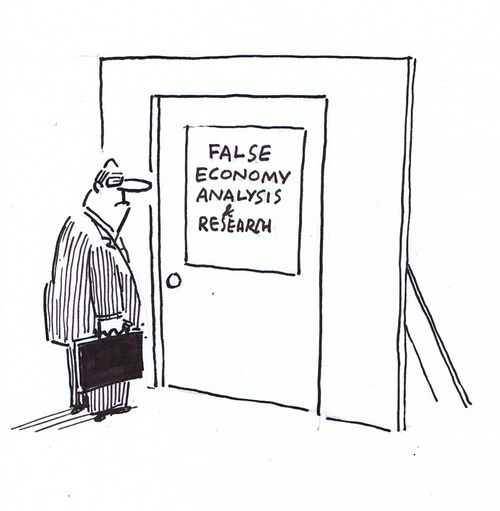 Door labelled: 'False Economy Analysis & Research.'