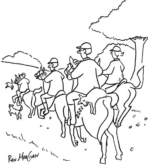Fox hunters chase fox unaware that he is sleeping on one of their horses.