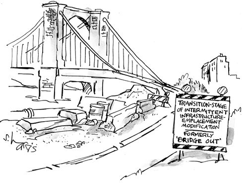 Transition-stage of intermittent infrastructure-emplacement modification - formerly 'Bridge Out'.