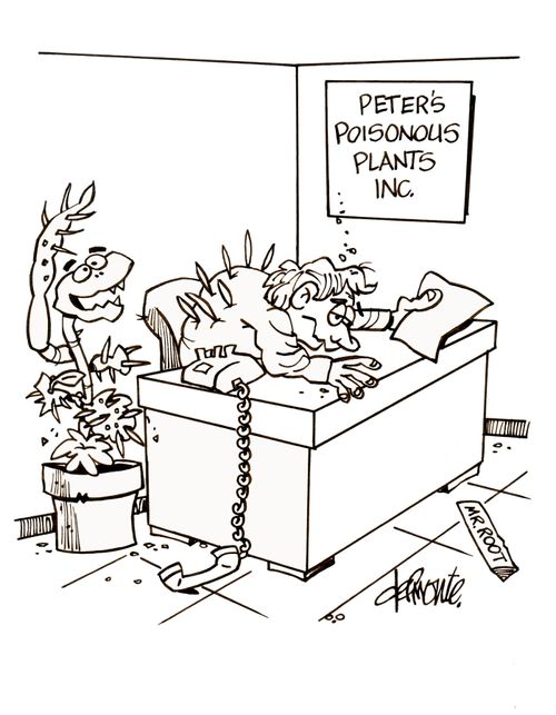 Man at desk in Peter's Poisonous Plants Inc. is killed by one of his own plants.