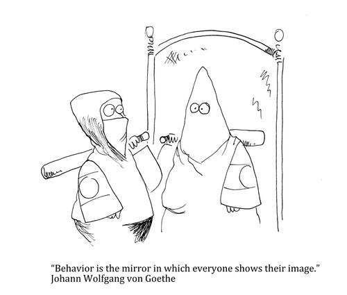 "Behaviour is the mirror in which everyone shows their image." Johann Walfgang von Goethe.  An Antifa person lookign in the mirror with the reflection being a KKK member