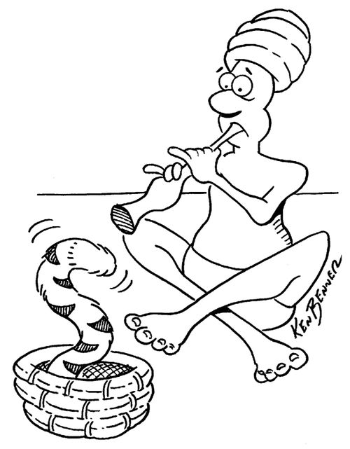 Snake charmer with tiger tail in basket.