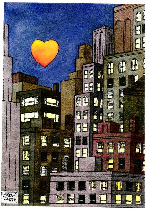 Heart shaped moon over the city.
