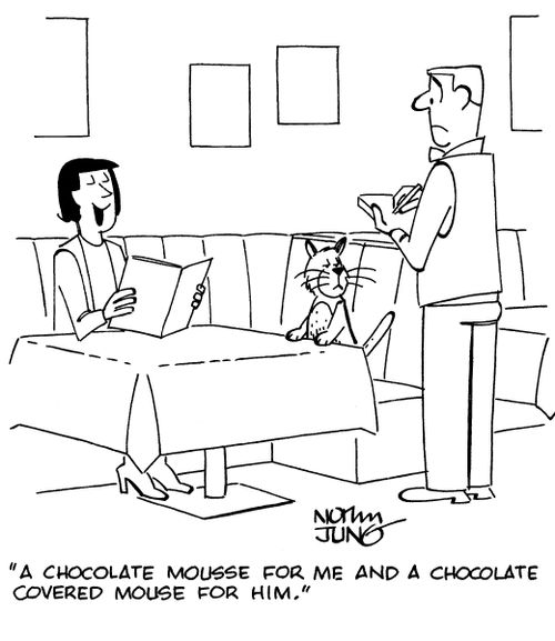 "A chocolate mousse for me and a chocolate covered mouse for him."