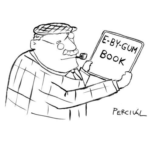 Flat cap northern pensioner reading an 'e-by-gum' ebook on a reader.