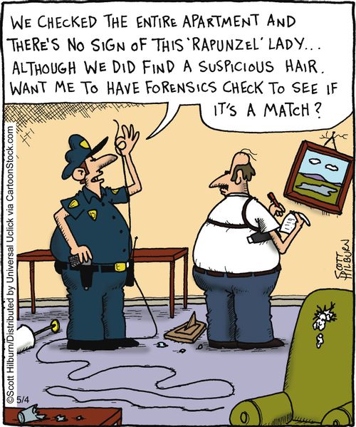 'We checked the entire apartment and there's no sign of this 'Rapunzel' lady... Although we did find a suspicious hair. Want me to have forensics check to see if it's a match?'