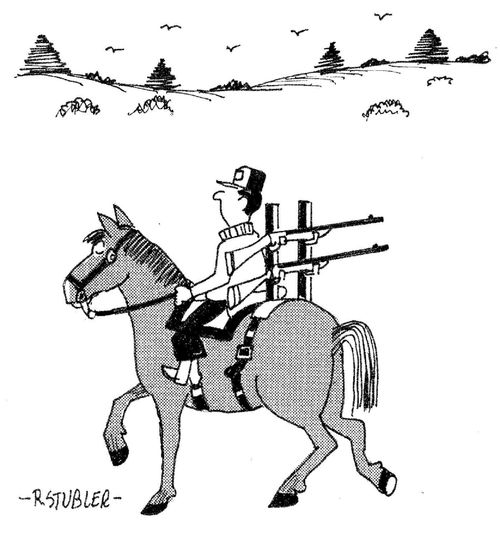 Hunter riding horse with gun rack on back.