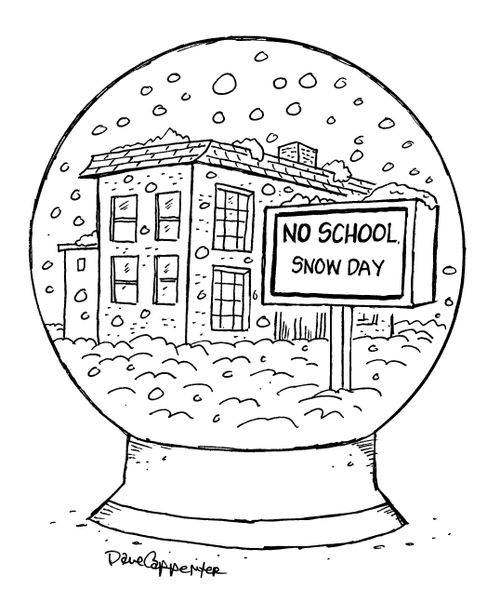 Snow globe has a sign 'No school, snow day'.