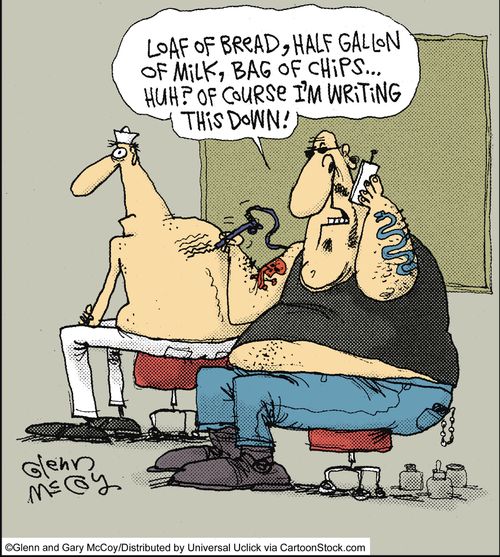 'Loaf of bread, half gallon of milk, bag of chips... Huh? Of course I'm writing this down!'