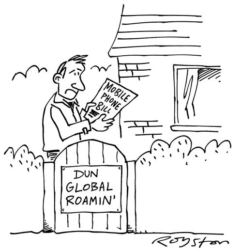 Man dismayed at his mobile phone bill. Sign on his gate reveals the name of his house is 'Dun Global Roamin''