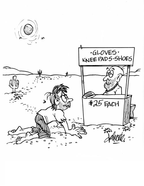 Man in desert sees a man selling gloves, knee pads and shoes.