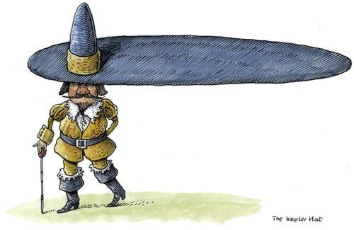 A man in 17th century dress wearing a hat with a huge elliptical brim.