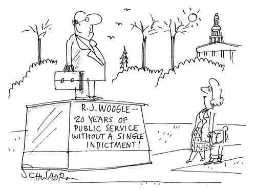 Plaque reading '20 Years of Public Service without a single indictment.