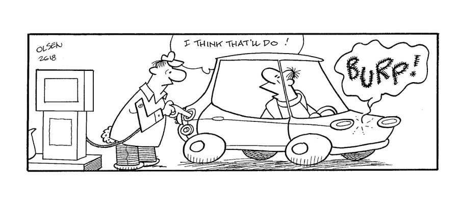 'I think that'll do!' says man to attendent filling up car, as car burps.