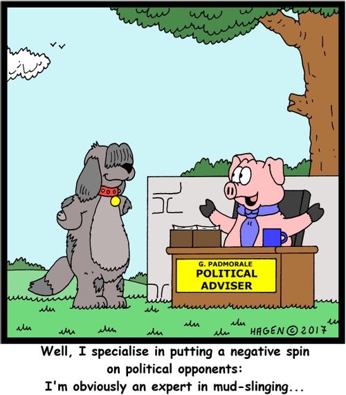 "Well, I specialise in putting a negative spin on political opponents: I'm obviously an expert in mud-slinging..."