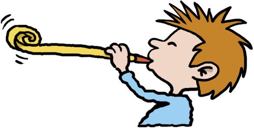Small boy blowing a party blower.