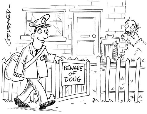 Postman reads 'beware of Doug' sign. Man is hiding behind bin.