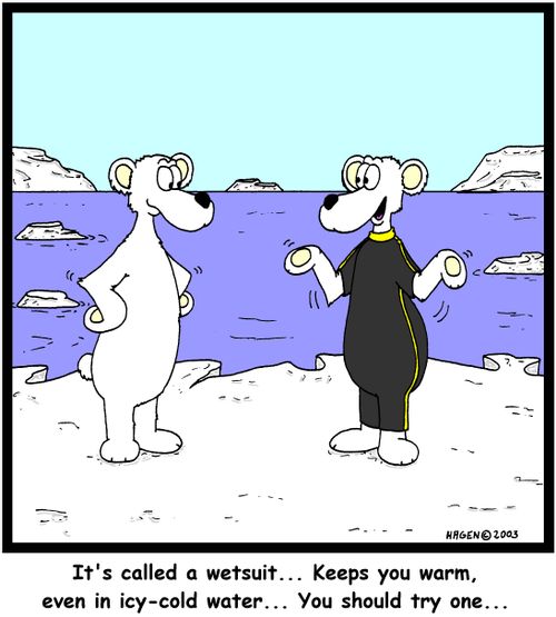 It's called a wetsuit...Keeps you warm, even in icy-cold water...You should try one...