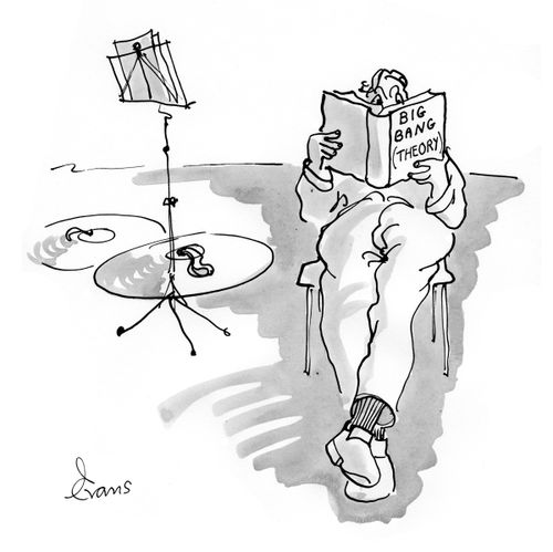 Percussionist sitting with his cymbals, reading a book entitled 'Big Bang (theory)'.