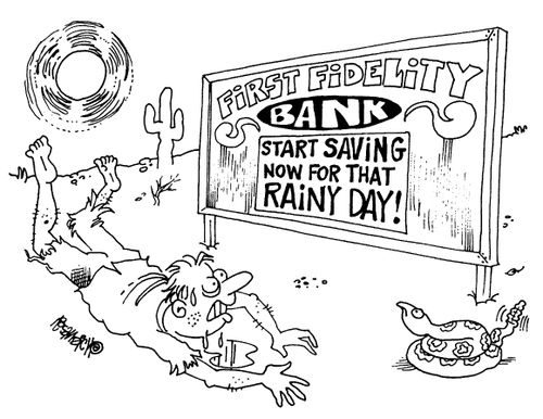 Man in desert sees a sign for a bank 'Saving for a rainy day!'