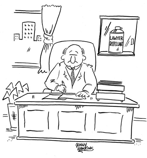 Man behind desk has glass case with Lawyer Repellant