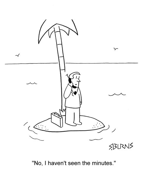 Office worker on desert island on cell phone: 'No, I haven't seen the minutes.'