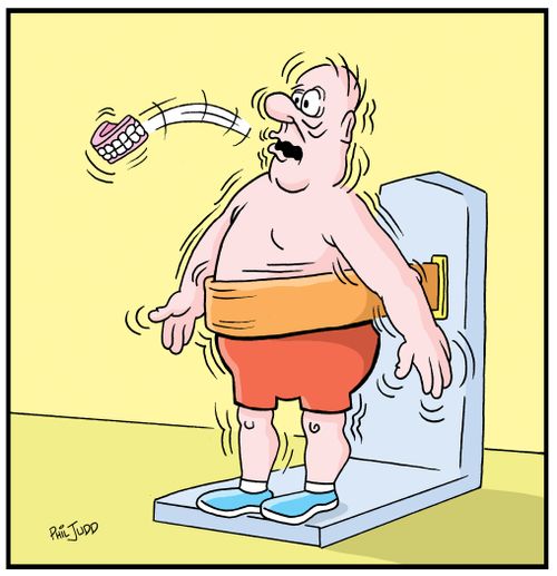Obese man using a exercise machine. His false teeth are flying out.