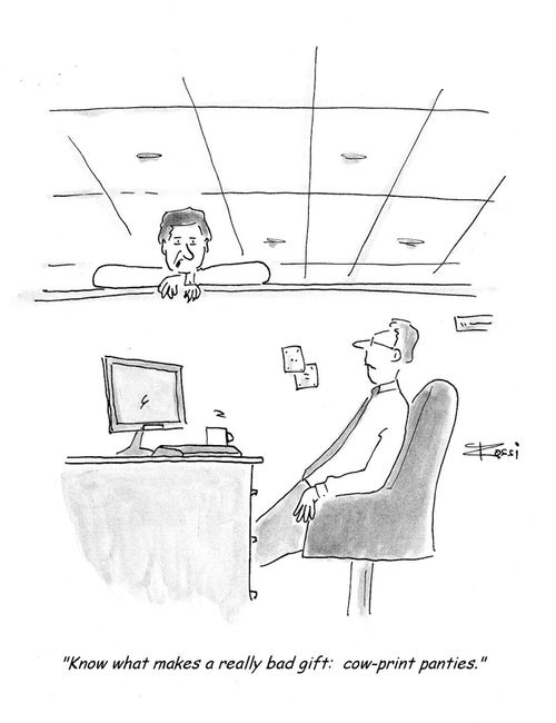 Cow-print panties.  Co-workers discuss a failed gift.
