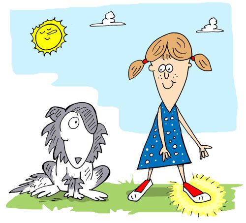 Little girl shows her dog her shiny shoes.