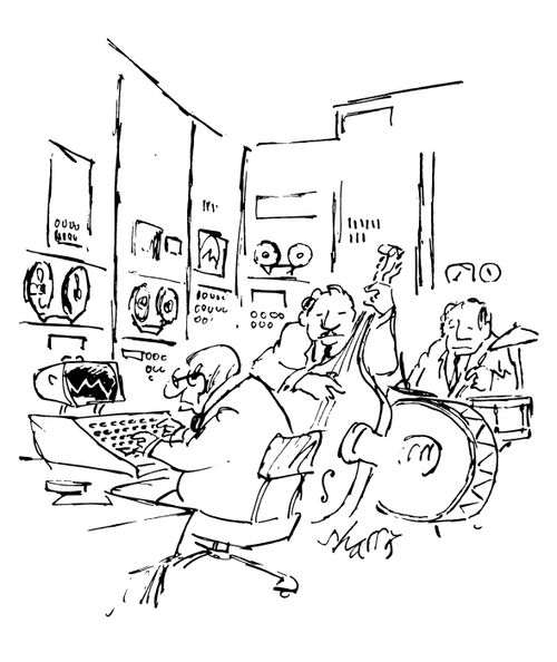 Orchestra playing to working man.