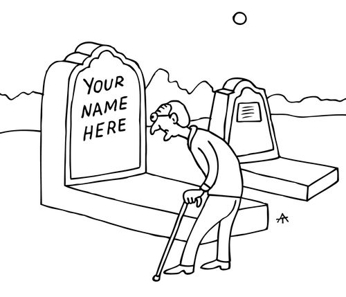 An old man sees a grave with a 'Your Name Here' inscription.