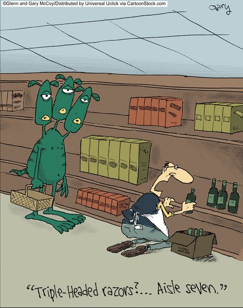 'Triple-headed razors?... Aisle seven.'