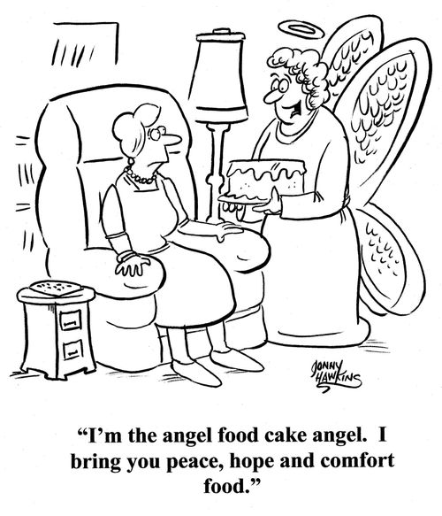 Angel to lady: 'I'm the angel food cake angel. I bring you peace, hope and comfort food.'