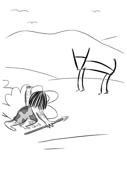 Caveman hunting animal that looks like a cave painting