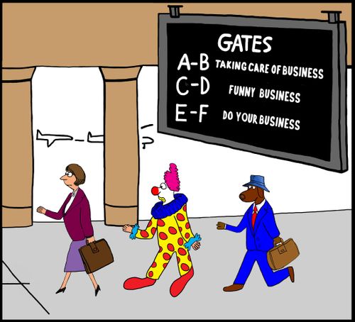 Gates A-B Taking Care of Business, C-D Funny Business, E-F Do Your Business.